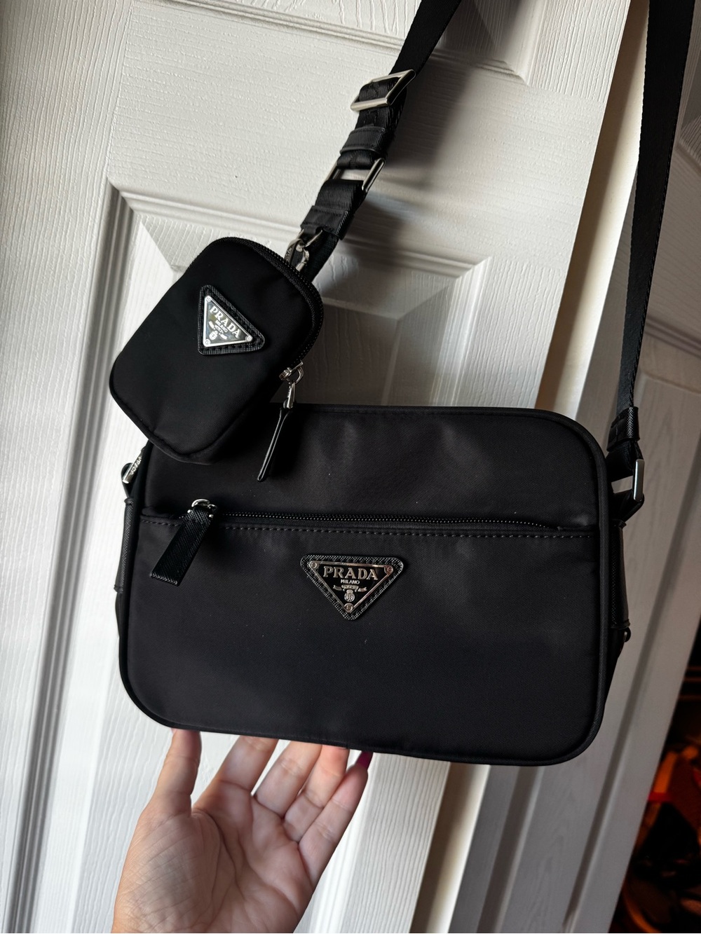 Nylon Black Crossbody Bag with Small Pouch